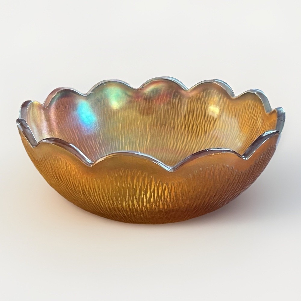Vintage Marigold Carnival Glass Scalloped Bowl‎ Iridescent Textured Jeanette